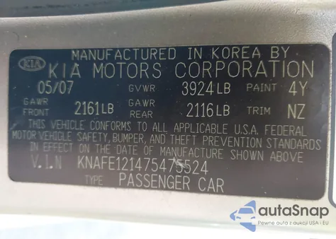 2007 Kia Spectra Ex from USA, damaged, VIN KNAFE121475475524